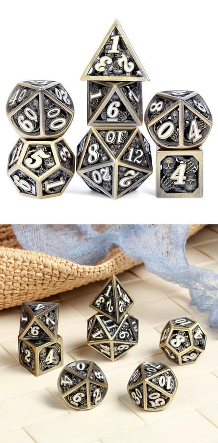 Hollow Dice Set (7pcs) Skull Bronze & White - The Dice Emporium