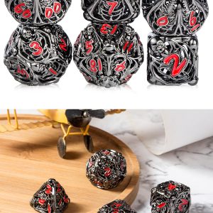 Hollow Dice Set (7pcs) Skeleton Gunmetal & Red - The Dice Emporium