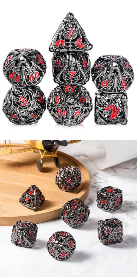 Hollow Dice Set (7pcs) Skeleton Gunmetal & Red - The Dice Emporium