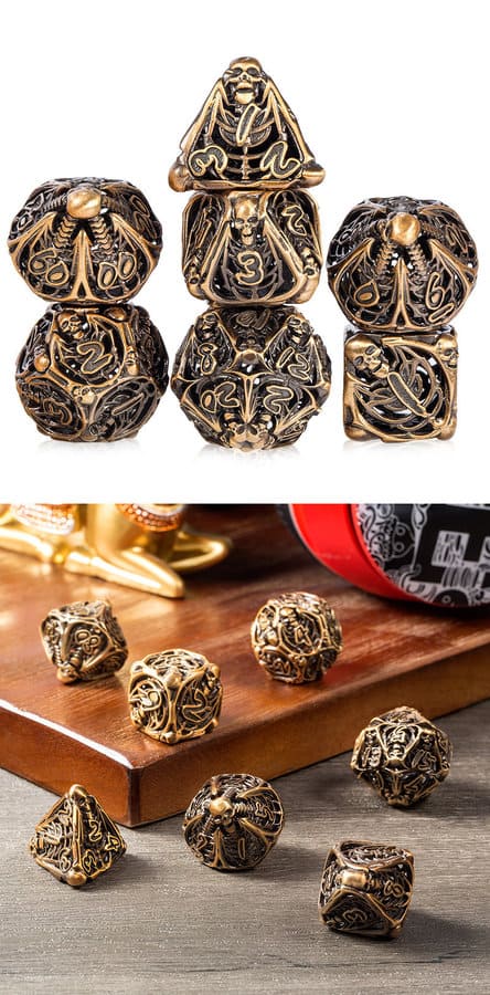 Hollow Dice Set 7 Piece Skeleton Brass - DiceEmporium.com