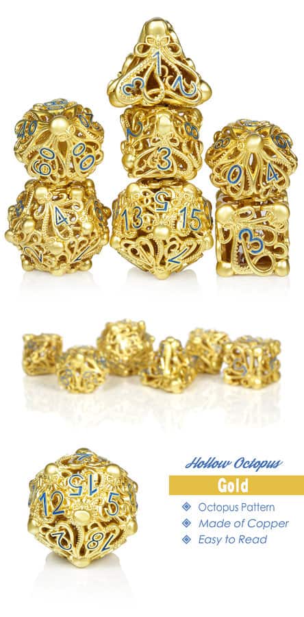 Hollow Dice Set (7pcs) Kraken Gold & Blue - The Dice Emporium