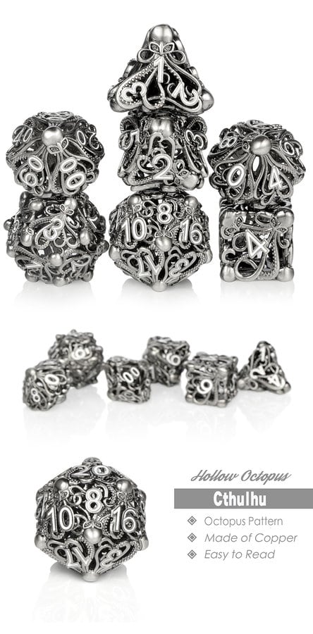 Hollow Dice Set (7pcs) Kraken Nickel & White - The Dice Emporium