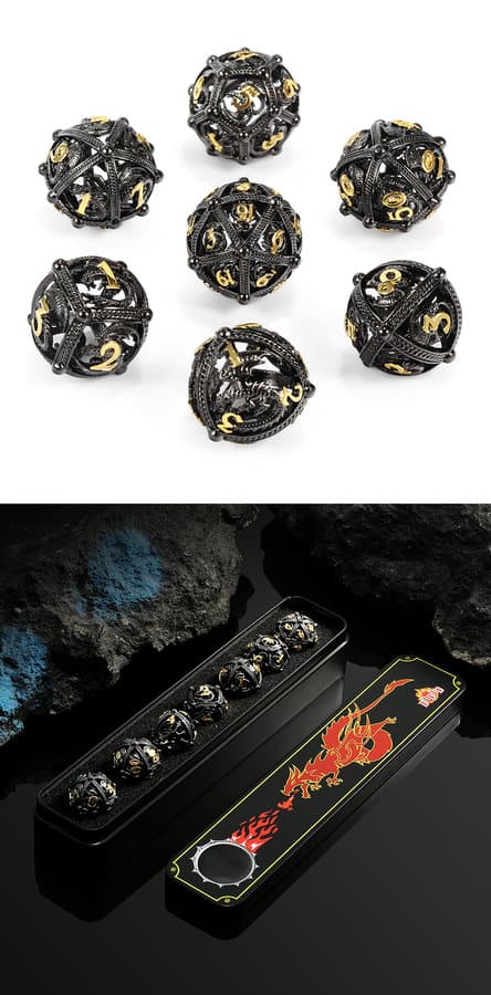 Hollow Orb Dice Set (7pcs) Dragon Black & Gold - The Dice Emporium