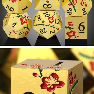 Metal & Enamel Dice Set (7pcs) (Sakura) [Gold & Red] - Dice Emporium