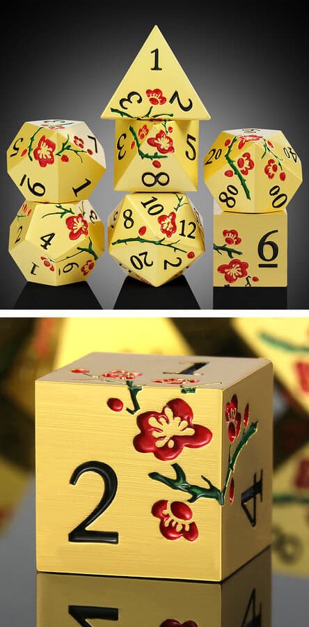 Metal & Enamel Dice Set (7pcs) (Sakura) [Gold & Red] - Dice Emporium