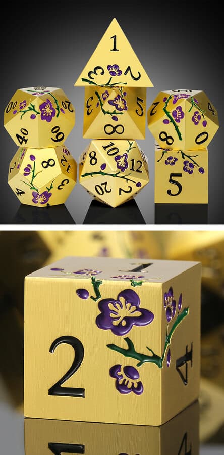 Metal & Enamel Dice Set (7pcs) (Sakura) [Gold & Purple] - Dice Emporium