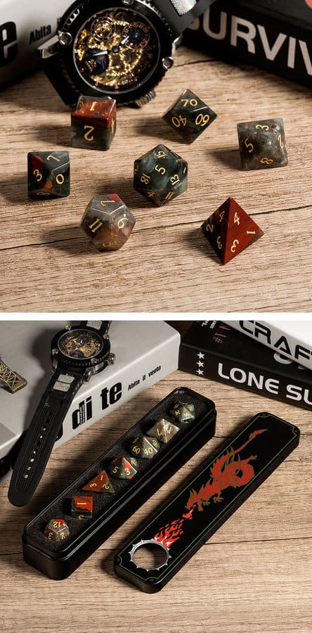 Gemstone Dice 7 Piece Set Bloodstone (Natural) - DiceEmporium.com