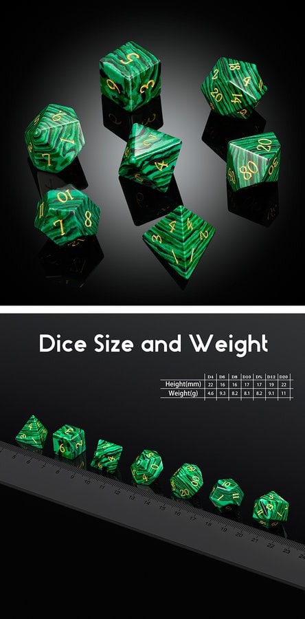 Gemstone Dice 7 Piece Set Malachite (Synthetic) - DiceEmporium.com