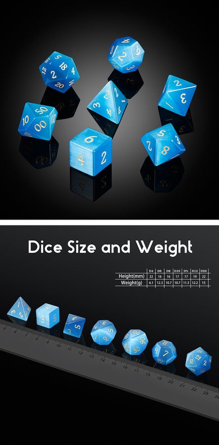 Gemstone Dice 7 Piece Set Blue Cat's Eye (Synthetic) - DiceEmporium.com