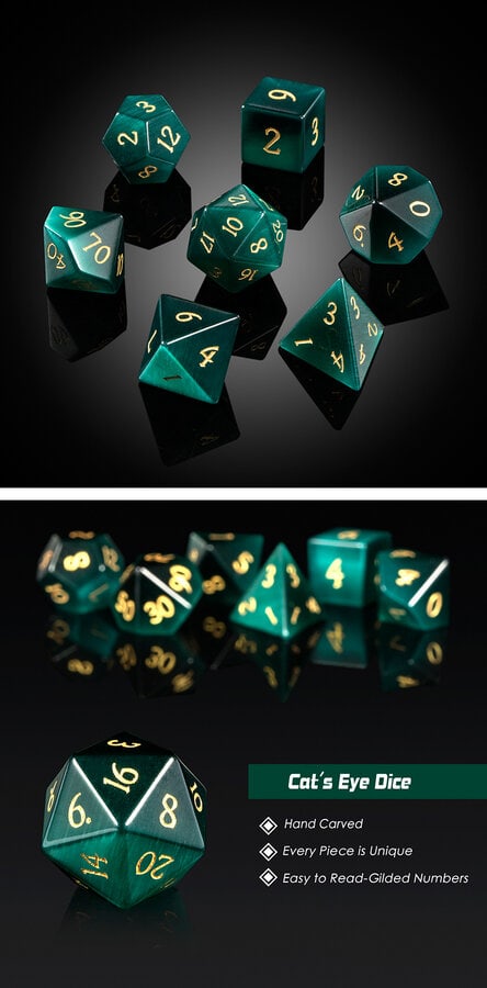 Gemstone Dice 7 Piece Set Green Cat's Eye (Synthetic) - DiceEmporium.com