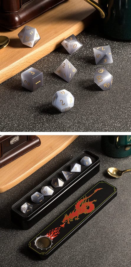 Gemstone Dice 7 Piece Set Grey Cat's Eye (Synthetic) - DiceEmporium.com