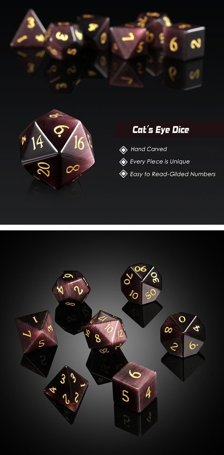 Gemstone Dice 7 Piece Set Maroon Cat's Eye (Synthetic) - DiceEmporium.com