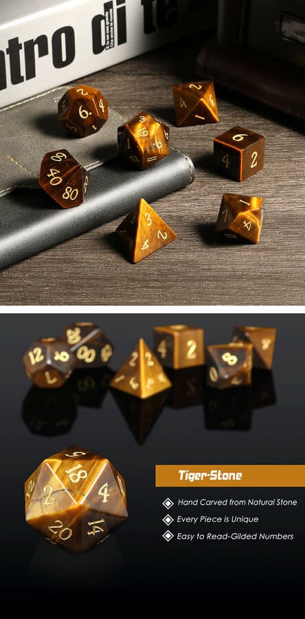 Gemstone Dice 7 Piece Set Tiger's Eye (Natural) - DiceEmporium.com