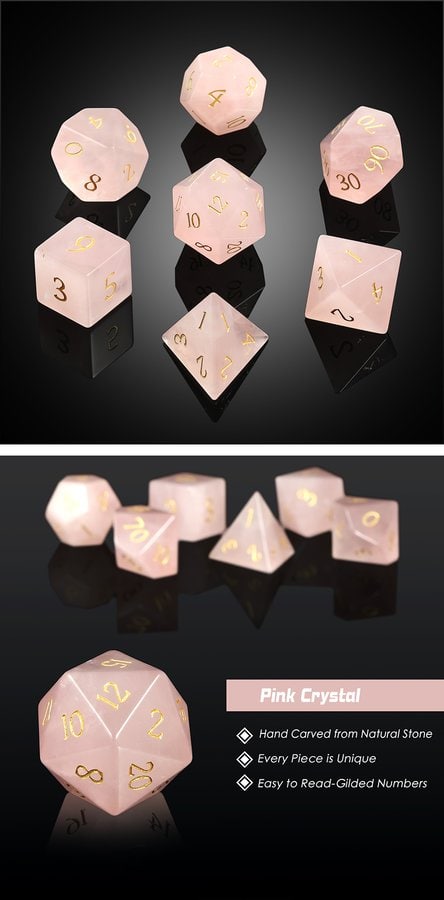 Gemstone Dice 7 Piece Set Rose Quartz (Natural) - DiceEmporium.com