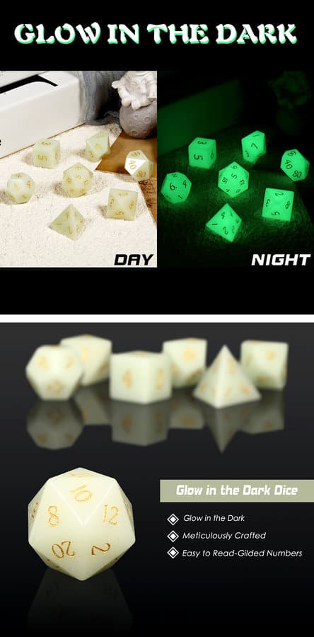 Gemstone Dice 7 Piece Set Green Glowstone Synthetic - DiceEmporium.com