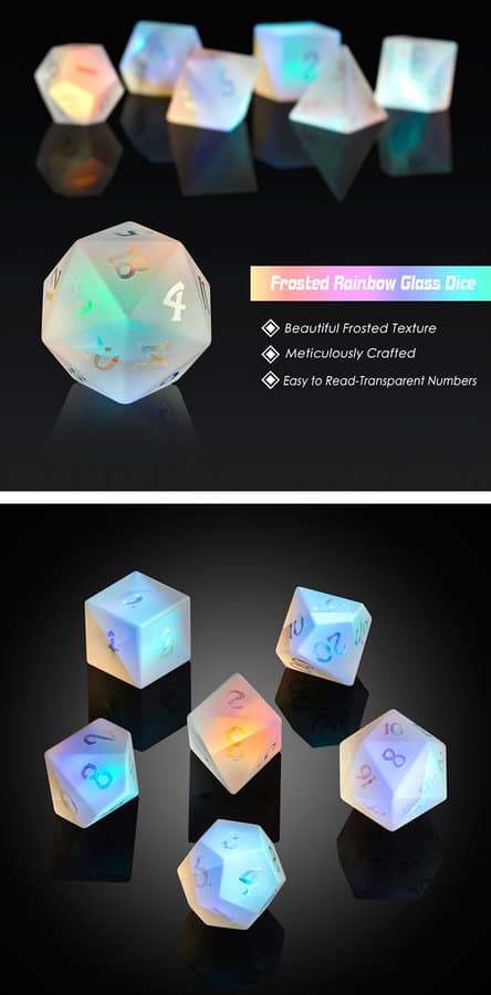 Glass Dice 7 Piece Set Frosted Rainbow K9 Glass - DiceEmporium.com