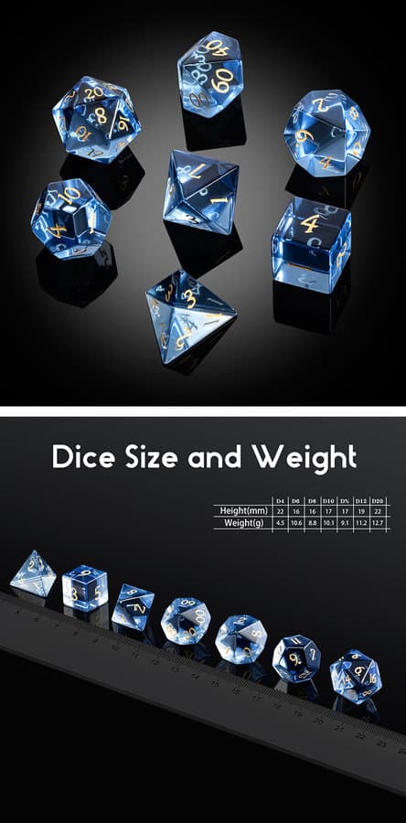 Glass Dice 7 Piece Set Sapphire Zircon - DiceEmporium.com