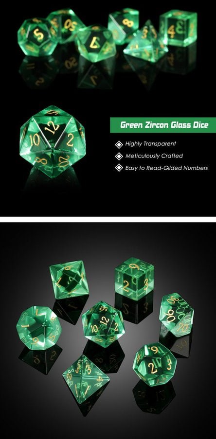 Glass Dice 7 Piece Set Emerald Zircon - DiceEmporium.com
