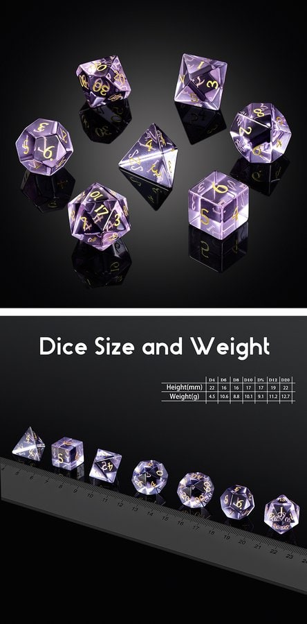 Glass Dice 7 Piece Set Amethyst Zircon - DiceEmporium.com