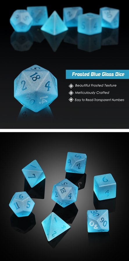 Glass Dice 7 Piece Set Frosted Aquamarine Zircon - DiceEmporium.com