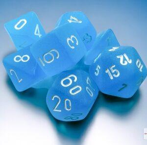 Frosted Mini-Polyhedral Caribbean Blue/white 7-Die Set - DiceEmporium.com