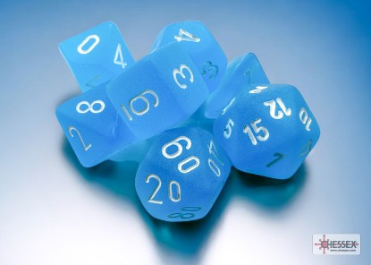 Frosted Mini-Polyhedral Caribbean Blue/white 7-Die Set - DiceEmporium.com