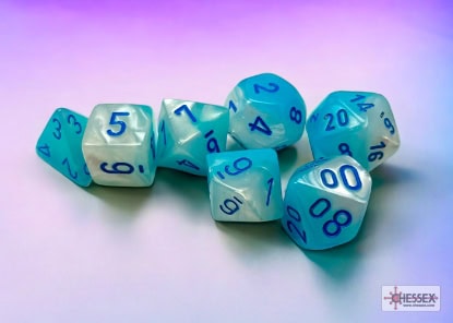 Gemini Pearl Turquoise-White/blue Luminary Polyhedral 7-Dice Set -DiceEmporium.com