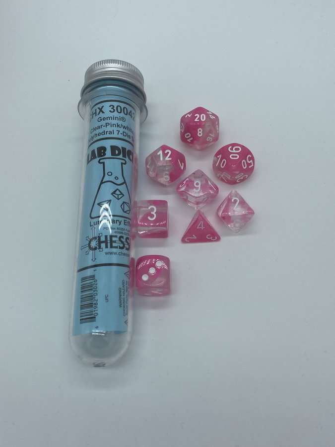 Gemini Clear-Pink/white 7 die set - The Dice Emporium