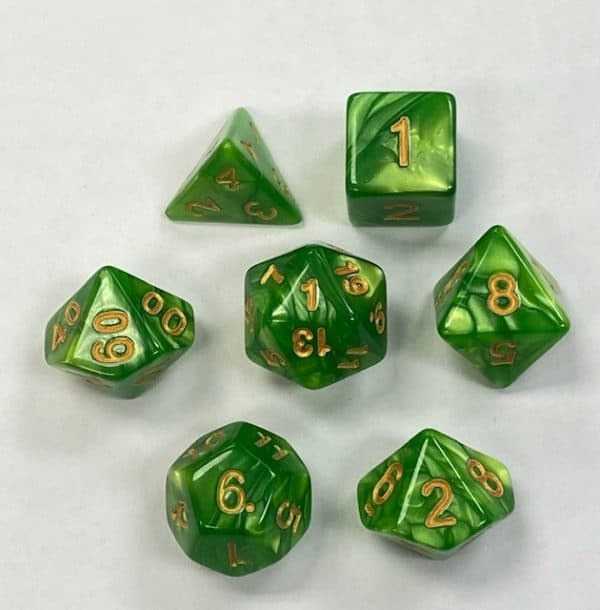 Green Gold Font Pearl Dice - DiceEmporium.com