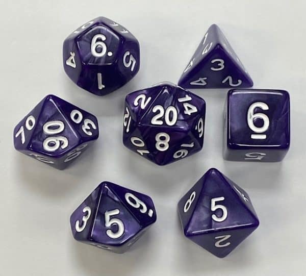 Purple White Font Pearl 7 Die Set - DiceEmporium.com