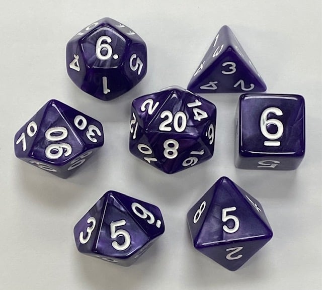 Purple White Font Pearl 7 Die Set - DiceEmporium.com