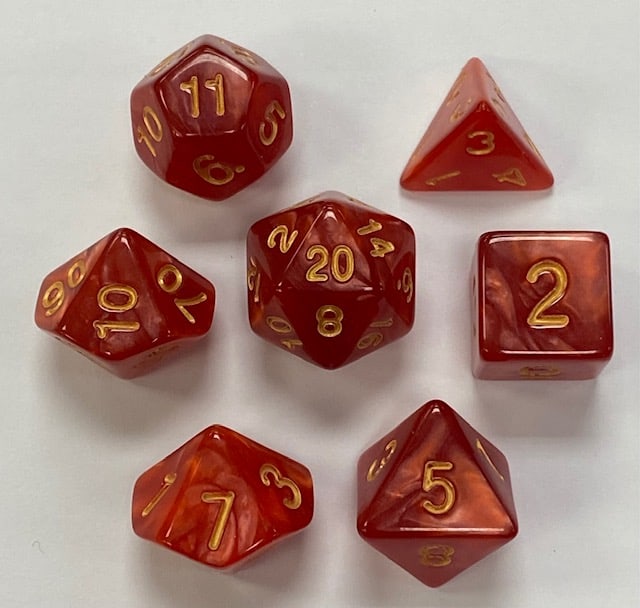 Red Gold Font Pearl 7 Die Set - DiceEmporium.com