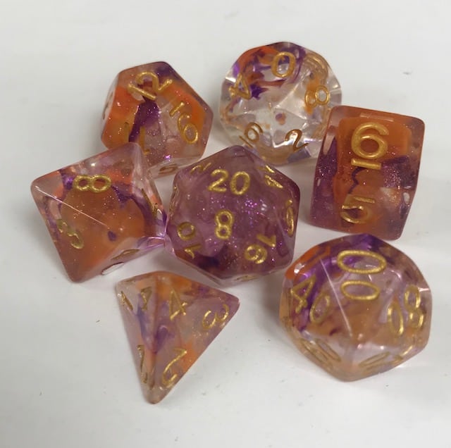 Nebula Orange Purple Swirl 7 Die Set - DiceEmporium.com