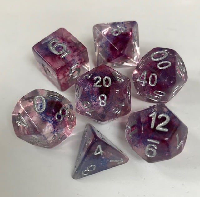 Transparent Purple Blue Swirl Cotton 7 Die Set - DiceEmporium.com