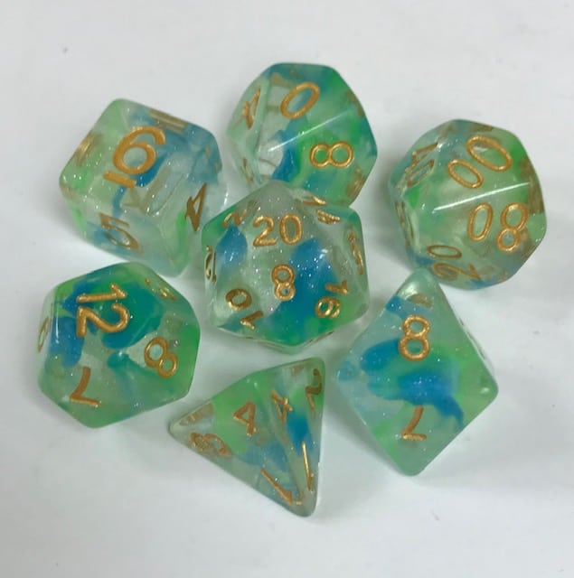 Green Blue Swirl with Glitter 7 Die Set - DiceEmporium.com