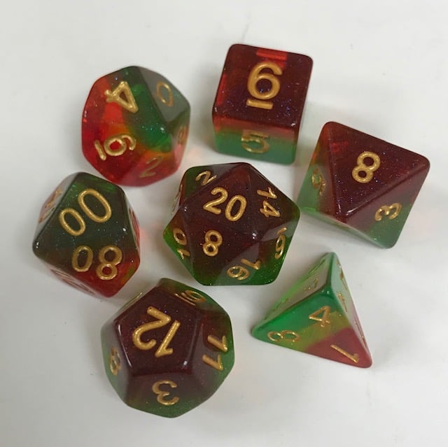 Red Yellow Green Transparent with Glitter 7 Die Set - DiceEmporium.com