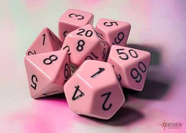 Chessex Pastel Pink Black 7-die set - The Dice Emporium