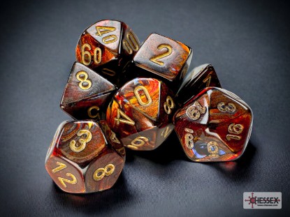 Scarab Mini-Polyhedral Blue Blood/gold 7-Die Set - DiceEmporium.com