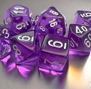 Translucent Mini-Polyhedral Purple/white 7-Die Set - DiceEmporium.com