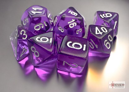 Translucent Mini-Polyhedral Purple/white 7-Die Set - DiceEmporium.com