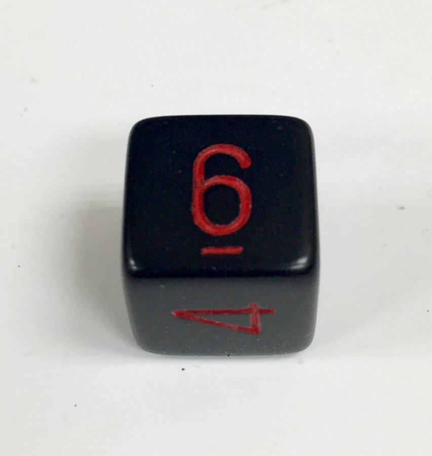 6 Sided Black Die with Red Numbers