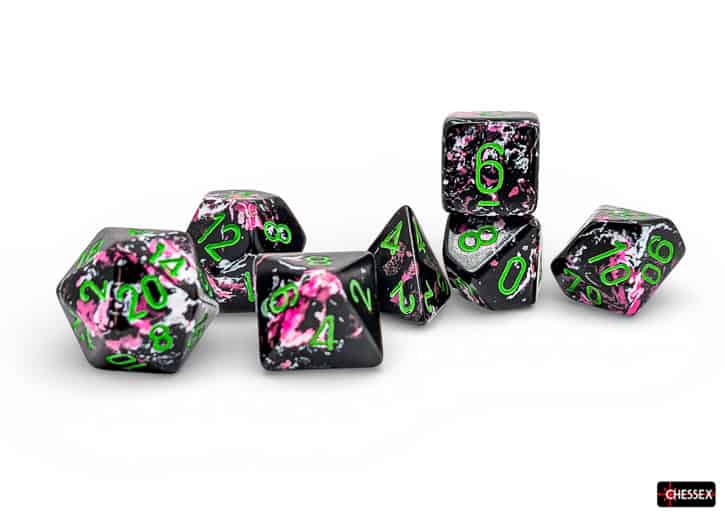 Chessex Brush Paintball Green Polyhedral Dice Set with white background.