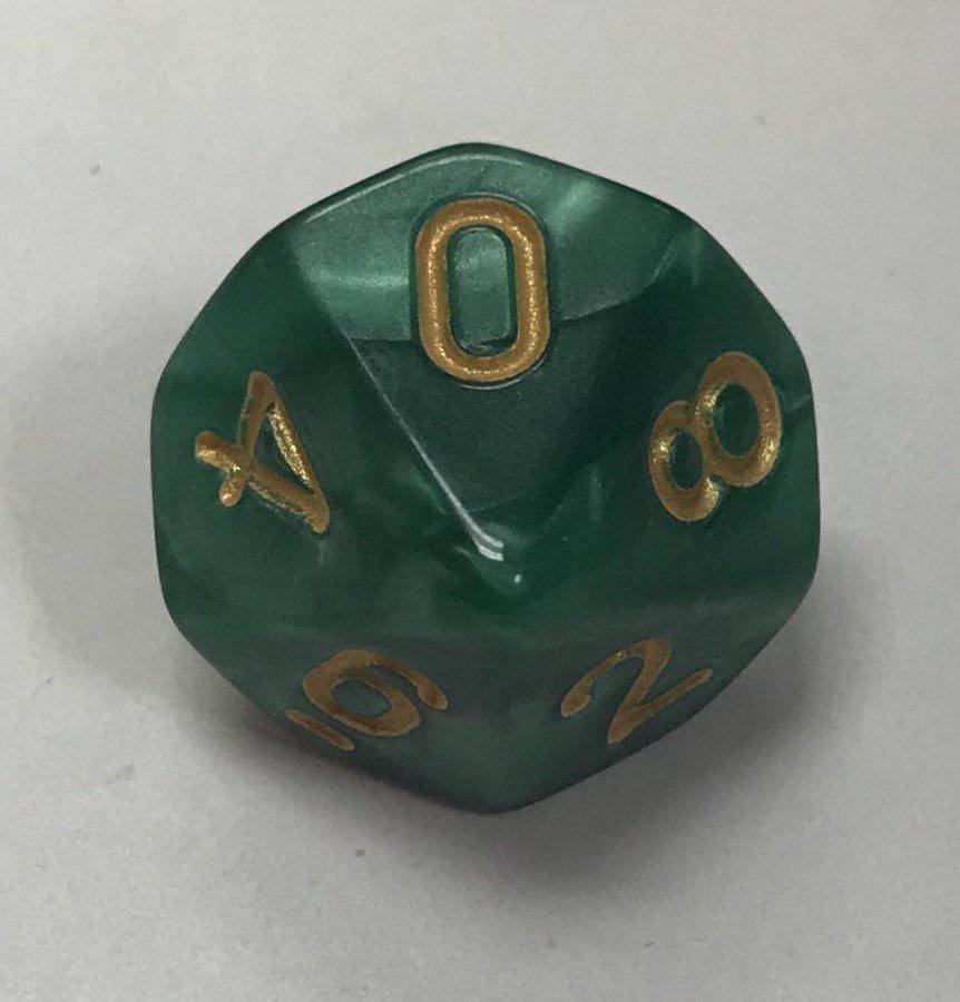 d10 10 Sided Pearl Green Gold Dice - DiceEmporium.com