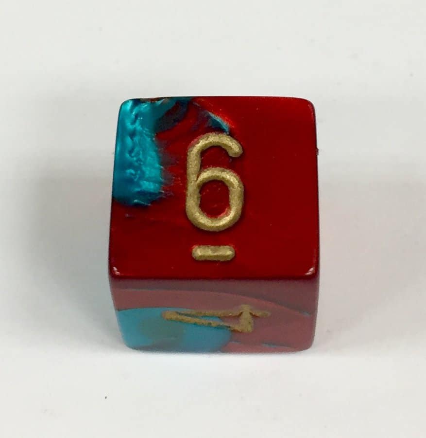 6 Sided Red-Teal w/gold Gemini Dice