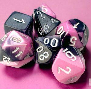 Gemini Mini-Polyhedral Black-Pink/white 7-Die Set - DiceEmporium.com