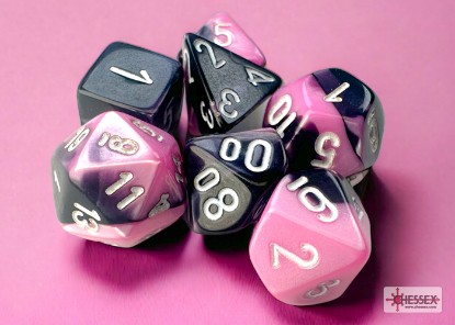 Gemini Mini-Polyhedral Black-Pink/white 7-Die Set - DiceEmporium.com