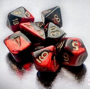 Gemini Mini-Polyhedral Black-Red/gold 7-Die Set - DiceEmporium.com