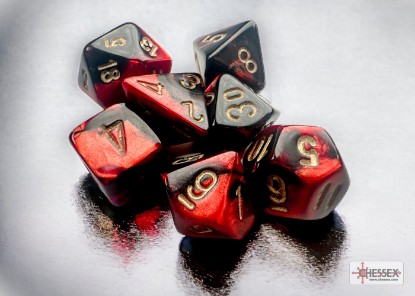 Gemini Mini-Polyhedral Black-Red/gold 7-Die Set - DiceEmporium.com