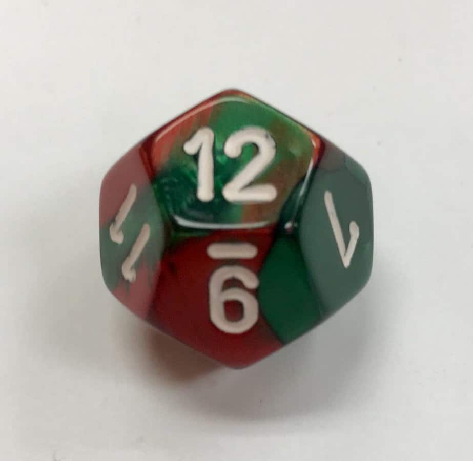 Gemini Green Red White D12 Dice - DiceEmporium.com