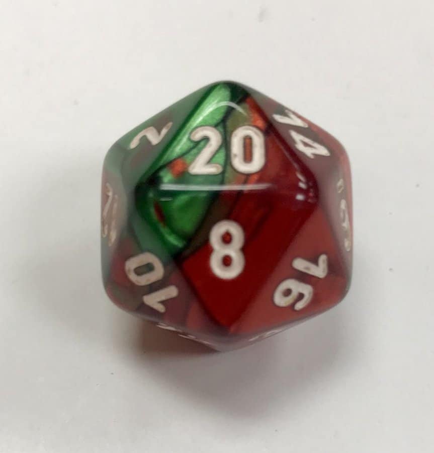 Gemini Green Red White D20 Dice - DiceEmporium.com